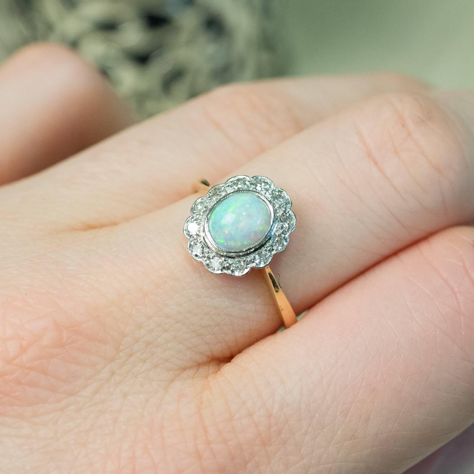 Women's Antique Opal and Diamond Cluster Ring in Platinum and Gold
