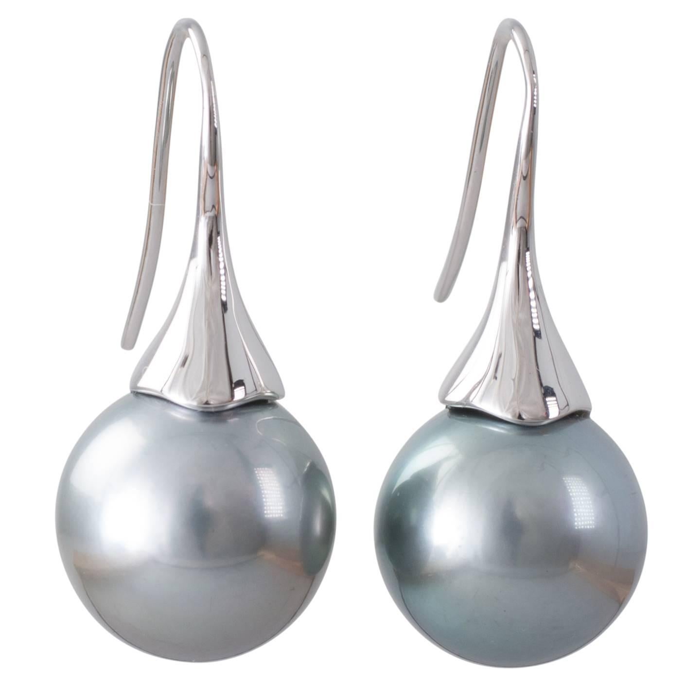 Tahitian South Sea Pearl and White Gold Tulip Fixed Hook Earrings For Sale