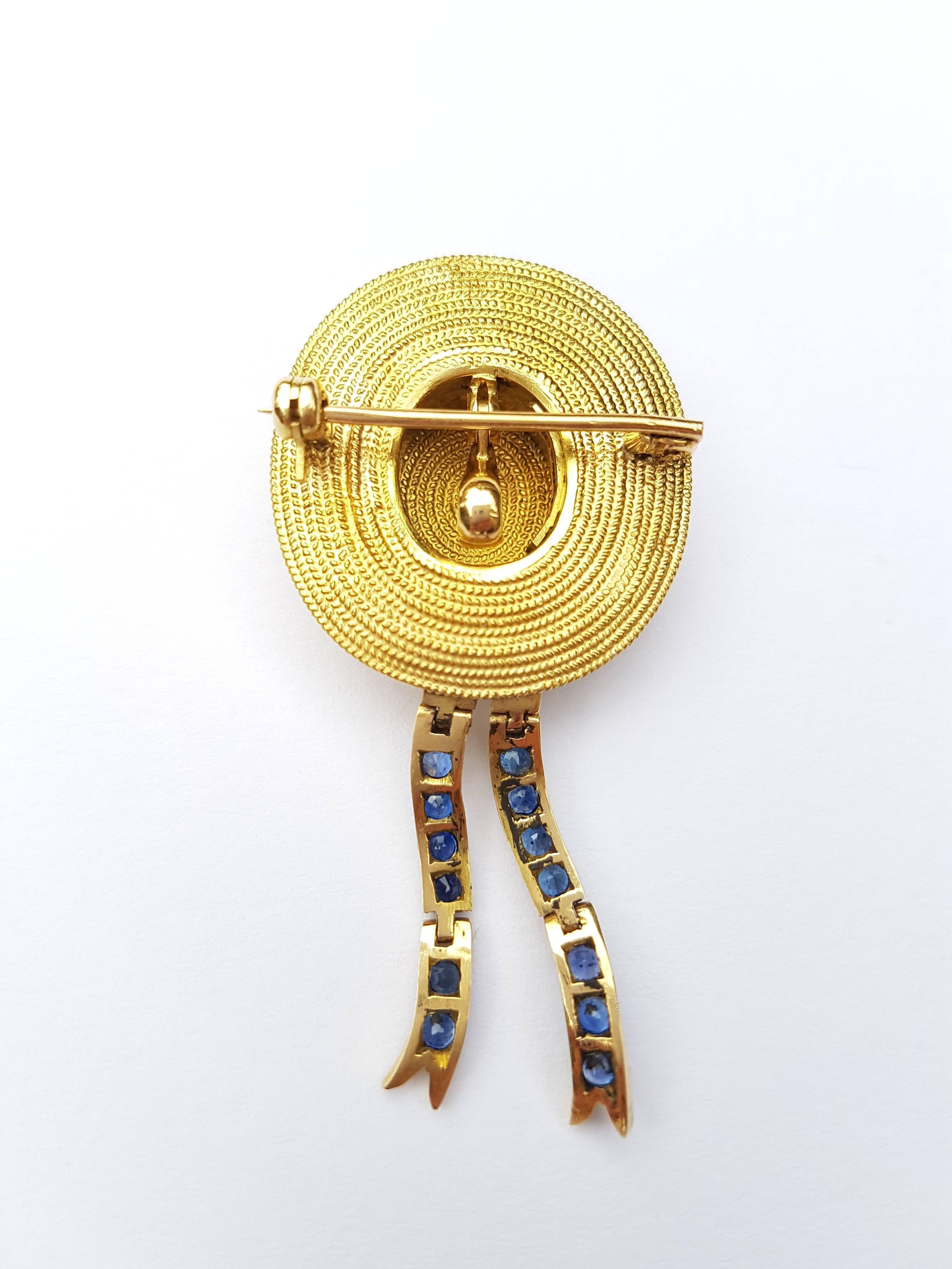 The Original exquisite Missiaglia Gondolier Hat Brooch completely handmade by Venetian Golsmiths in 18k yellow gold with 2.91 carats of Sapphires.