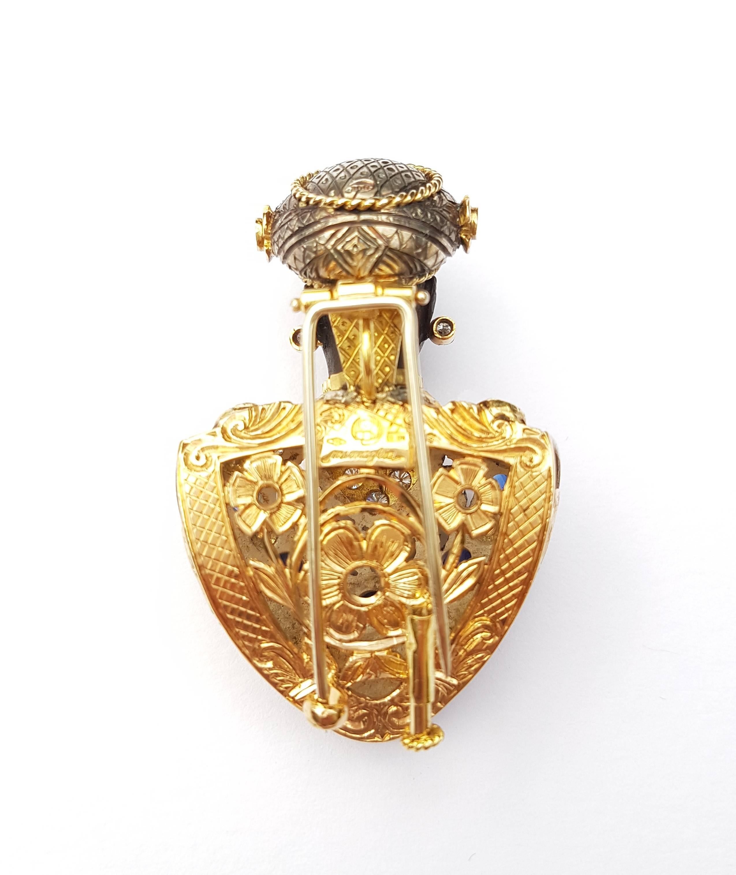Missiaglia Moretto Sapphire Diamond Silver Gold Brooch In Excellent Condition For Sale In Venice, IT