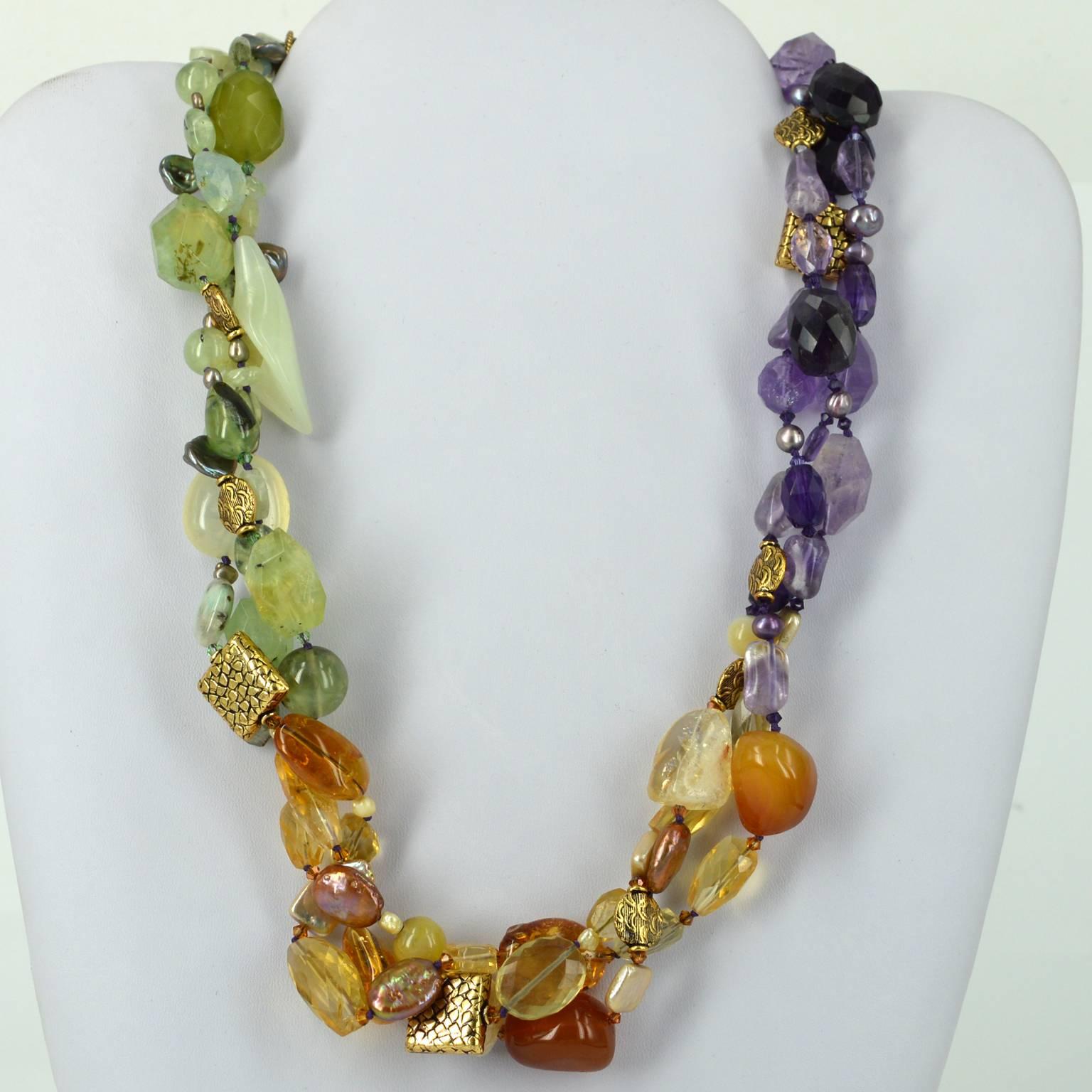 Prehnite Citrine Amethyst Three Strand Gold Bead Necklace In New Condition In Sydney, AU