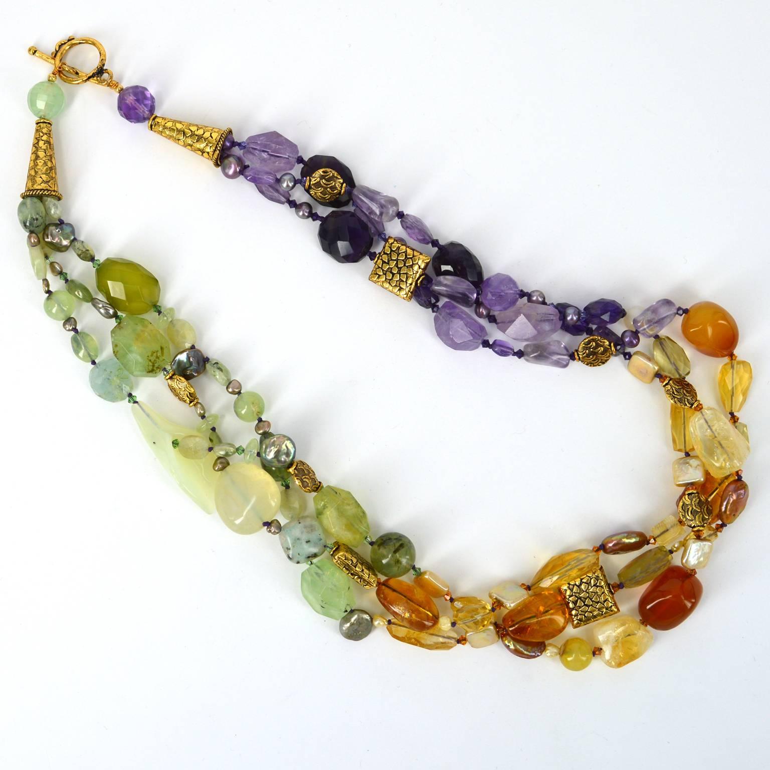 Women's Prehnite Citrine Amethyst Three Strand Gold Bead Necklace