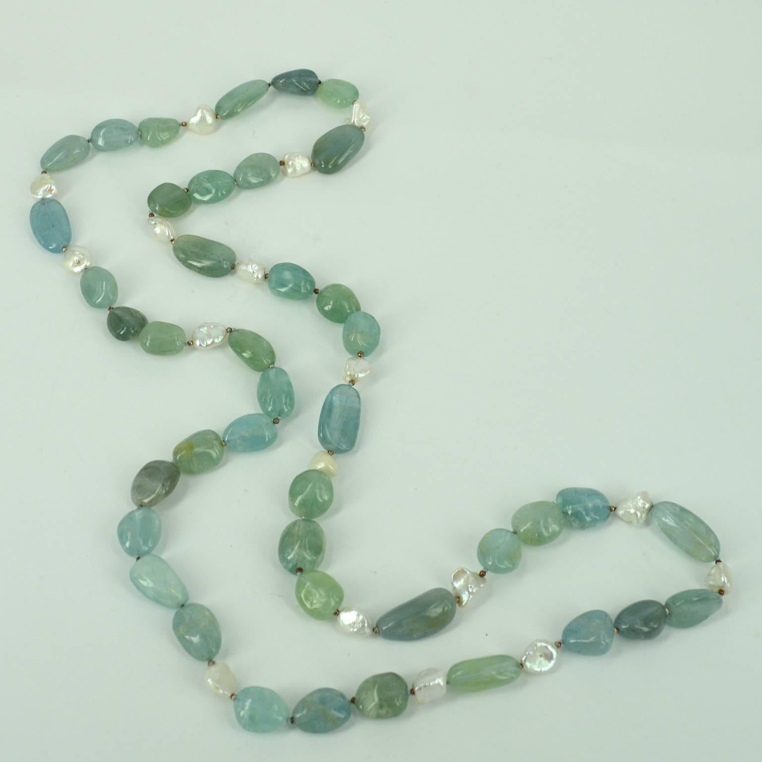 Aquamarine Keshi Fresh Water Pearls Silver Bead Necklace In New Condition For Sale In Sydney, AU