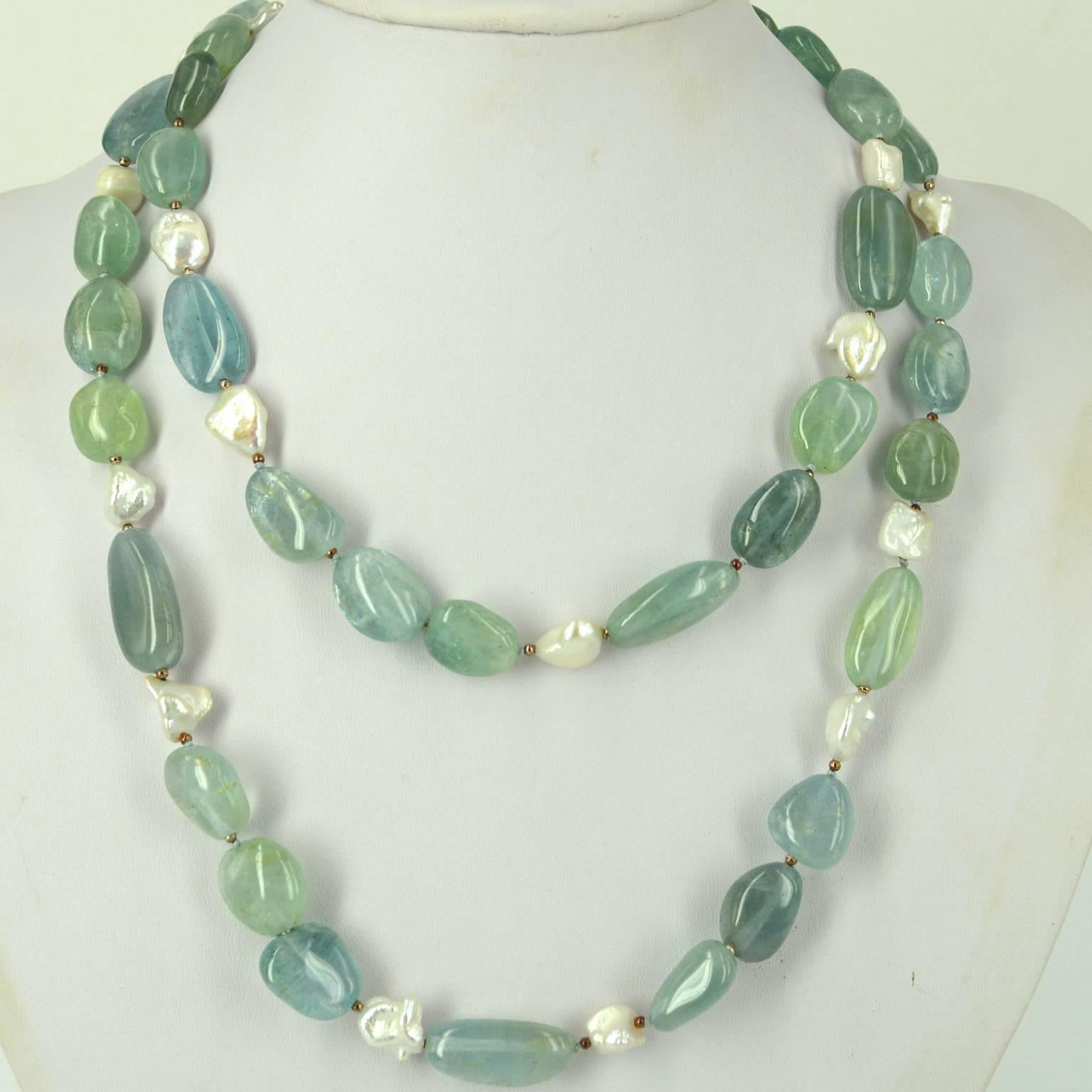 Contemporary Aquamarine Keshi Fresh Water Pearls Silver Bead Necklace For Sale