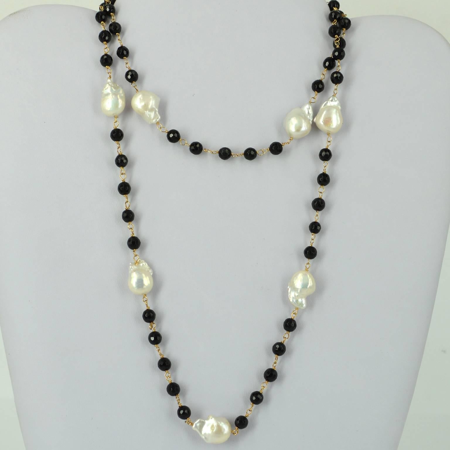 Contemporary Onyx Keshi Pearl Gold Linked Bead Necklace