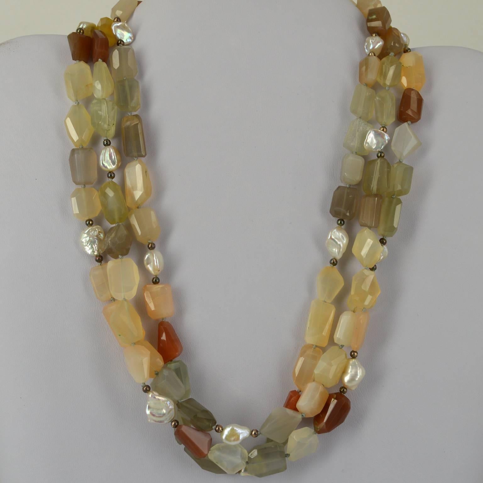 Modern Three Strand Multi Color Rainbow Moonstone Pearl Silver Bead Necklace