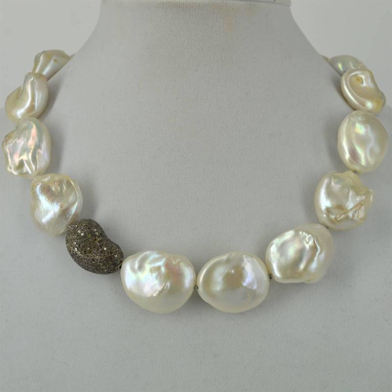 Contemporary Decadent Jewels large Baroque Pearl Sterling Silver Diamond Necklace For Sale