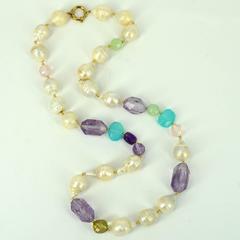 Pearl Amethyst Prehnite Rose Lemon Quartz Chalcedony Gold Bead Necklace