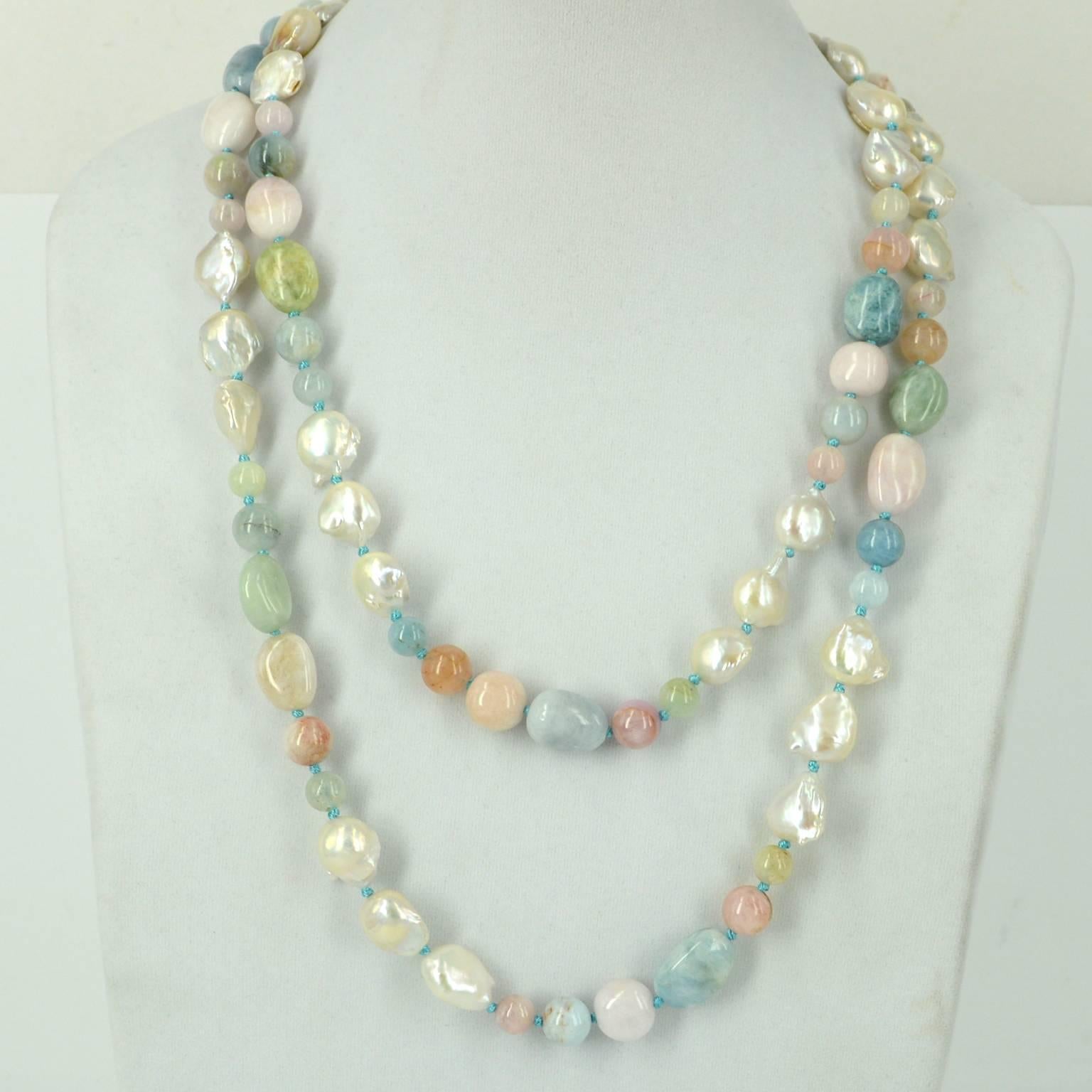 Contemporary Beryl Aquamarine Morganite Pearl Silver Long Necklace