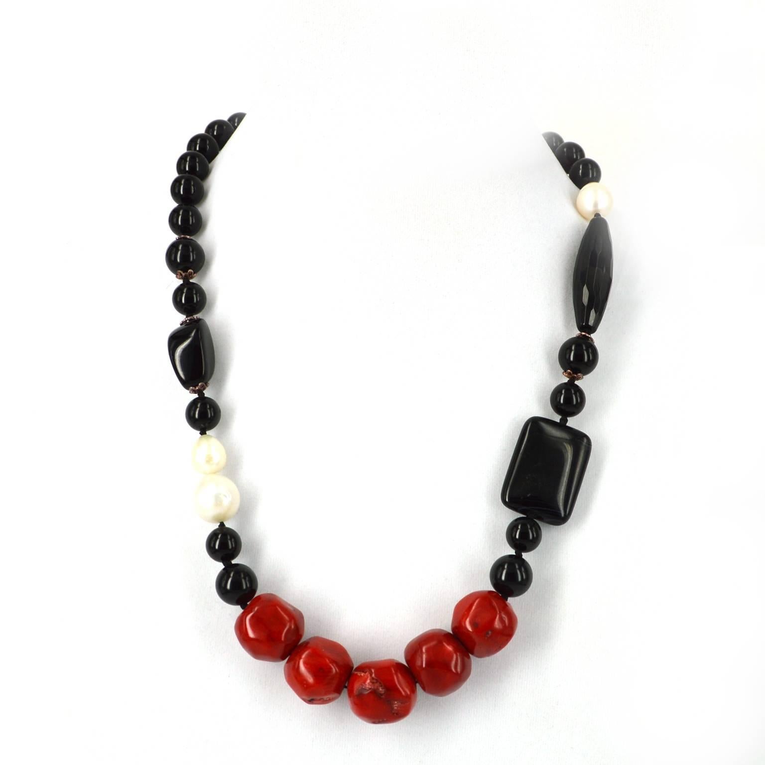 Modern Black Onyx, Agate, Red Bamboo Coral and Freshwater Pearl Necklace