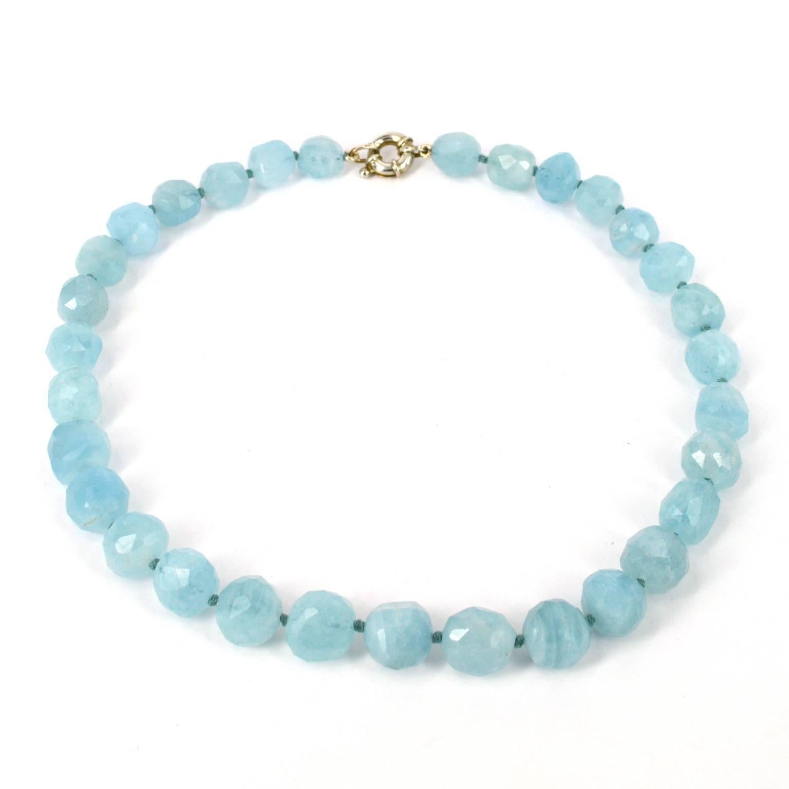 Stunning pastel blue colour in this graduated faceted Aquamarine necklace.
Natural stone hand knotted on aqua coloured thread.
Sterling Silver bolt clasp.
Total length 46cm

All stones and pearls are natural and as such may include natural