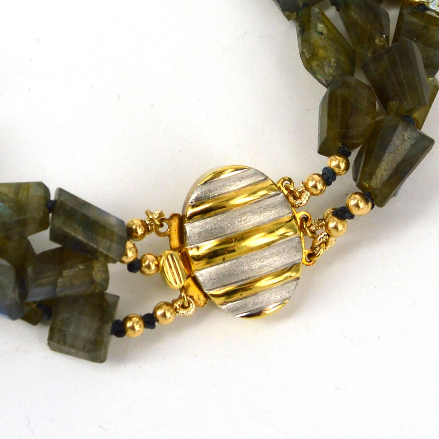 Three stranded Labradorite faceted nuggets and Freswater Keshi Pearl necklace. With vermeil beads and decorative clasp.
Hand knotted on grey thread. 

All stones and pearls are natural and as such may include natural inclusions, fracture lines or