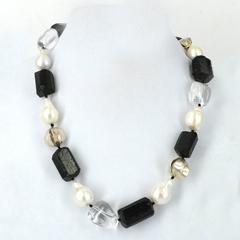 Black Tourmaline Clear Quartz Pearl Silver Necklace