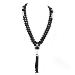 Art Deco Style Onyx CZ Silver Tassel Necklace