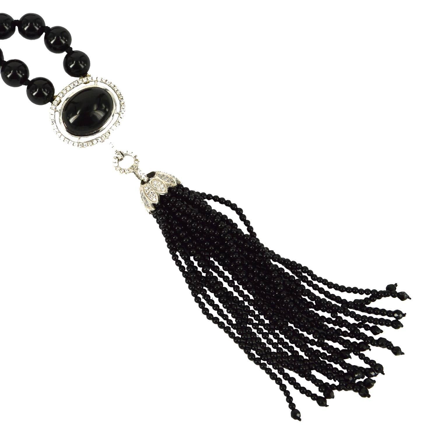 Art Deco Style Onyx CZ Silver Tassel Necklace In New Condition In Sydney, AU