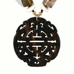 Rare Banded Agate Shell Jade Gold Pendant Necklace