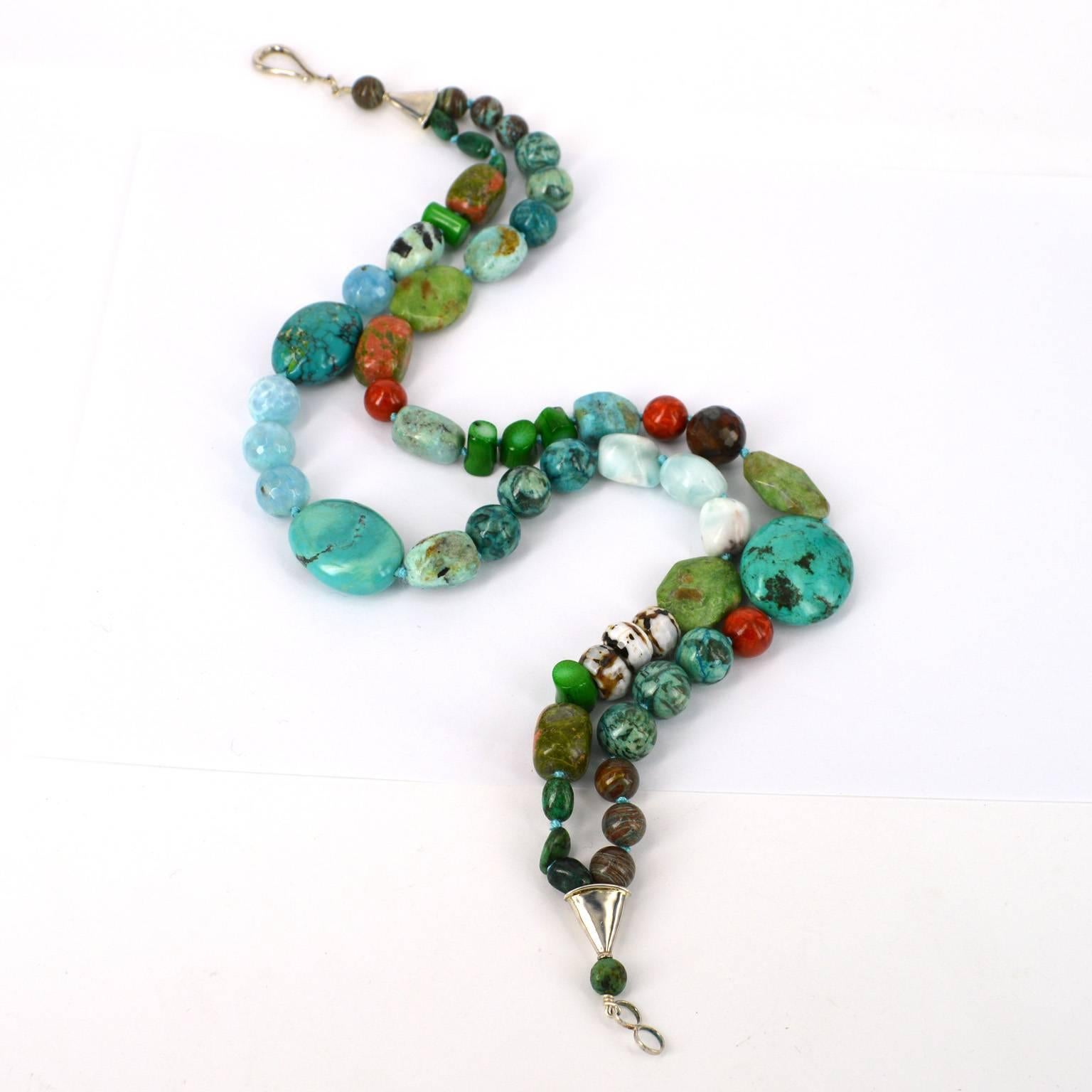 Modern Turquoise Blue Opal Agate Coral Unakite Larimar Silver Necklace