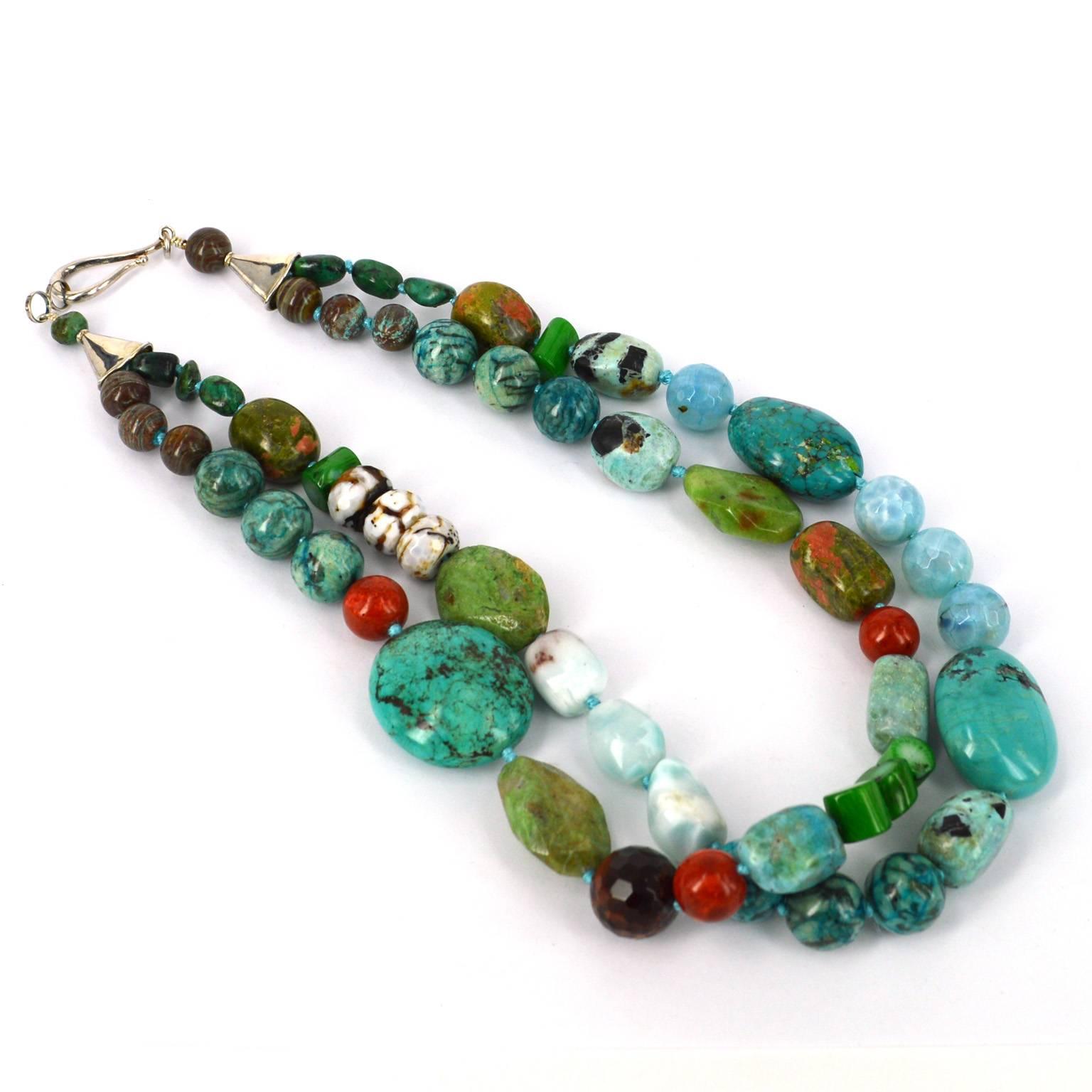 Turquoise Blue Opal Agate Coral Unakite Larimar Silver Necklace In New Condition In Sydney, AU