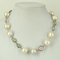 Amethyst Blue Topaz Green Amethyst Fresh Water Pearl Gold Necklace