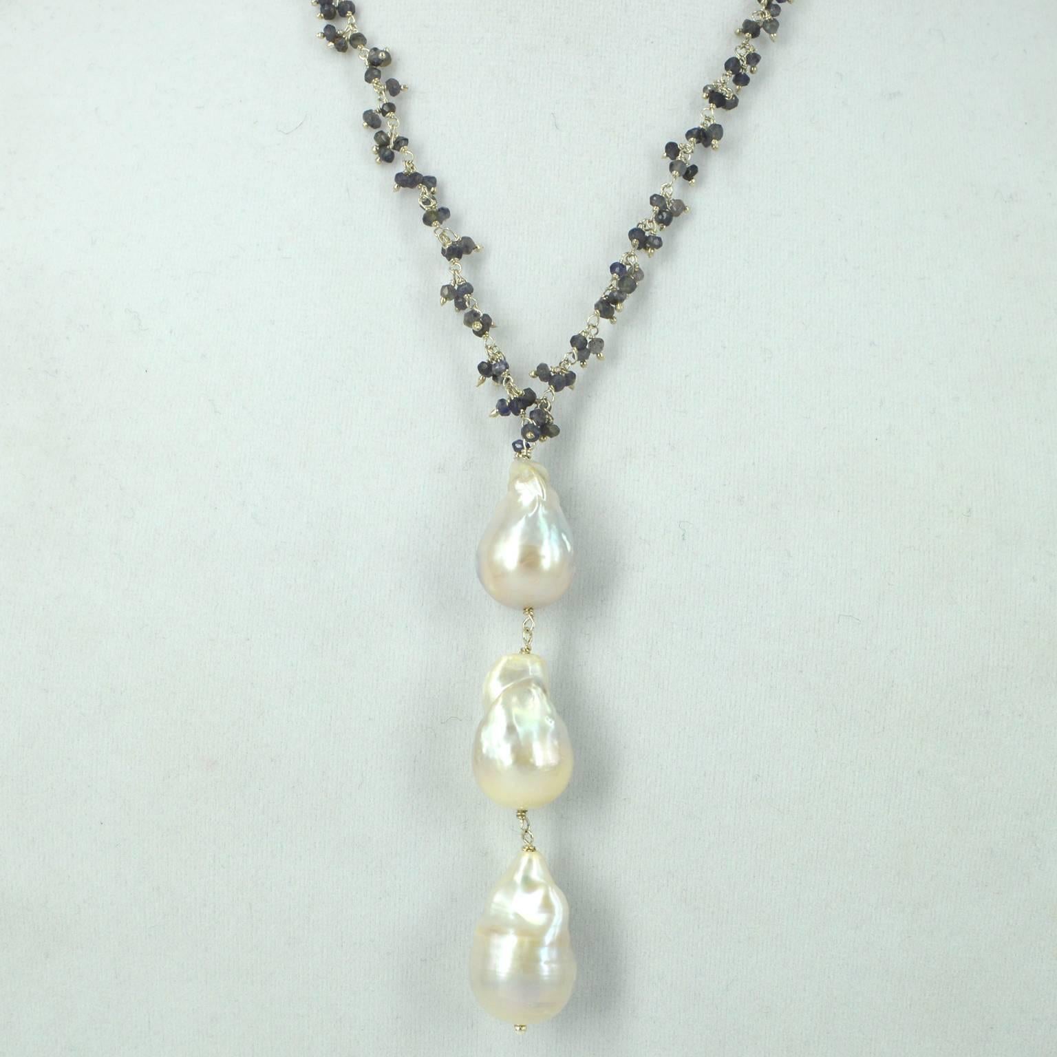 Modern Decadent Jewels Iolite and Baroque Pearl Silver Pendant Necklace