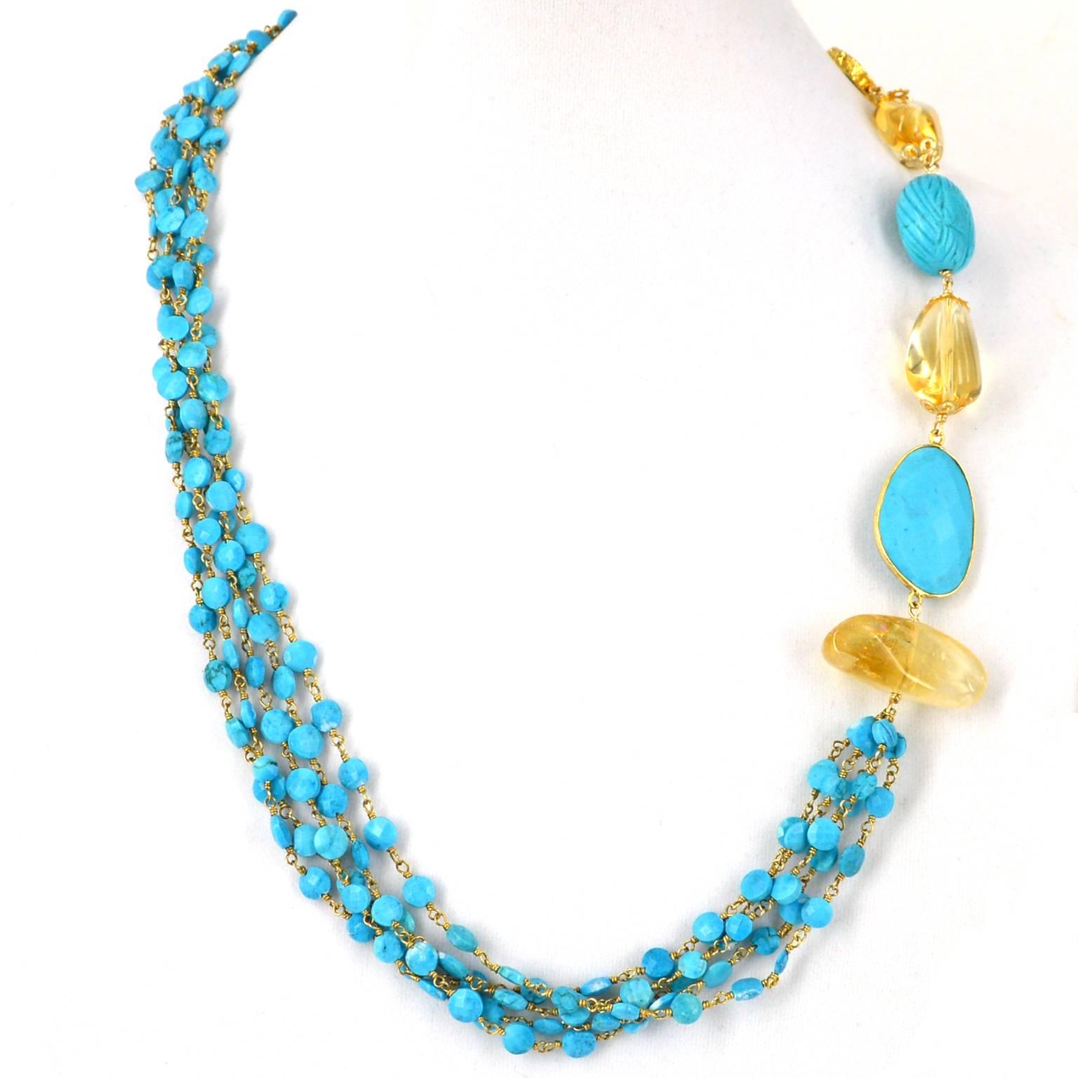 Modern Versatile Turquoise Citrine Gold Necklace