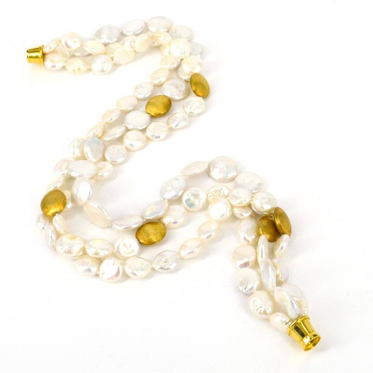 Three-Strand Coin Pearl and Gold Necklace at 1stDibs | coin pearls for sale