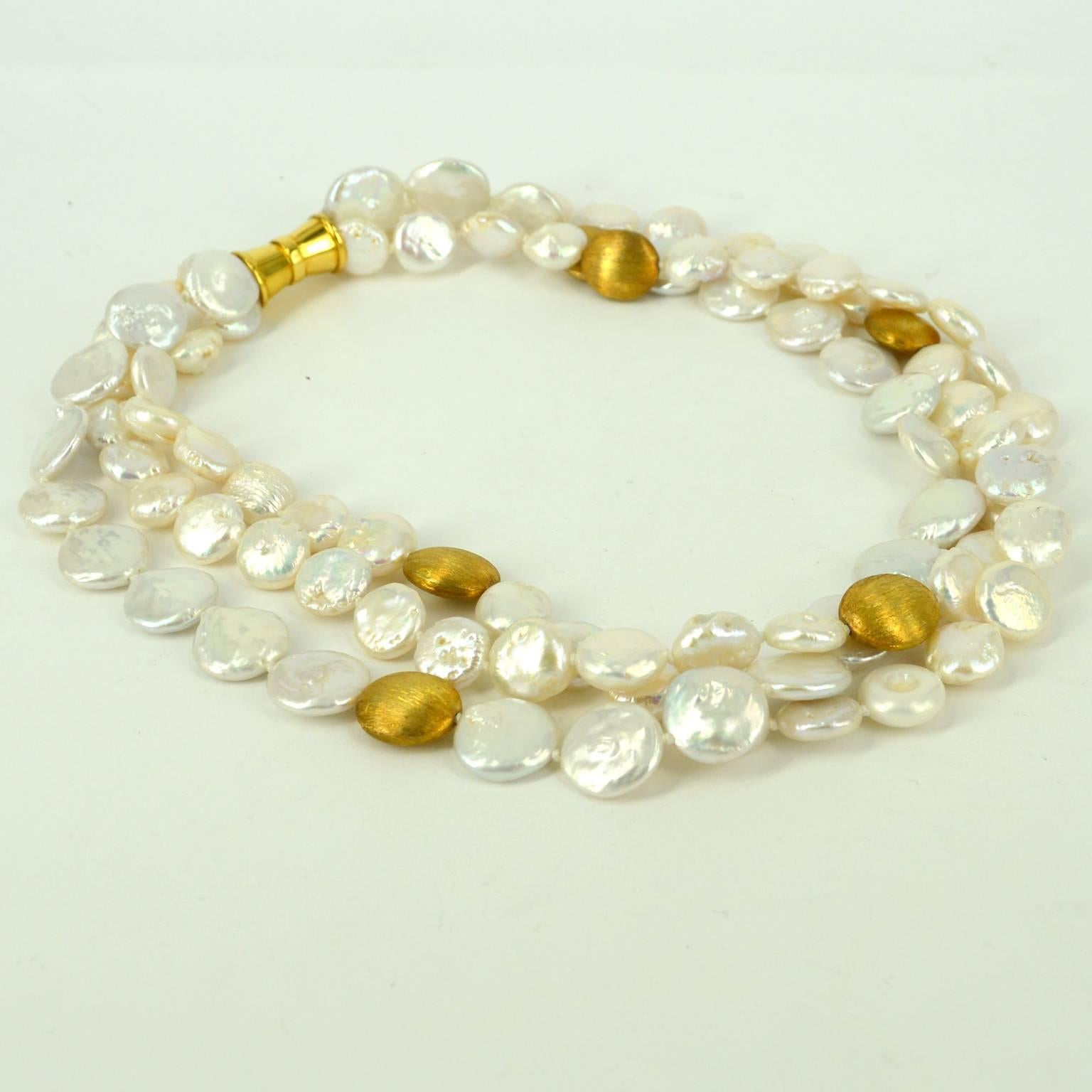 Modern Three-Strand Coin Pearl and Gold Necklace