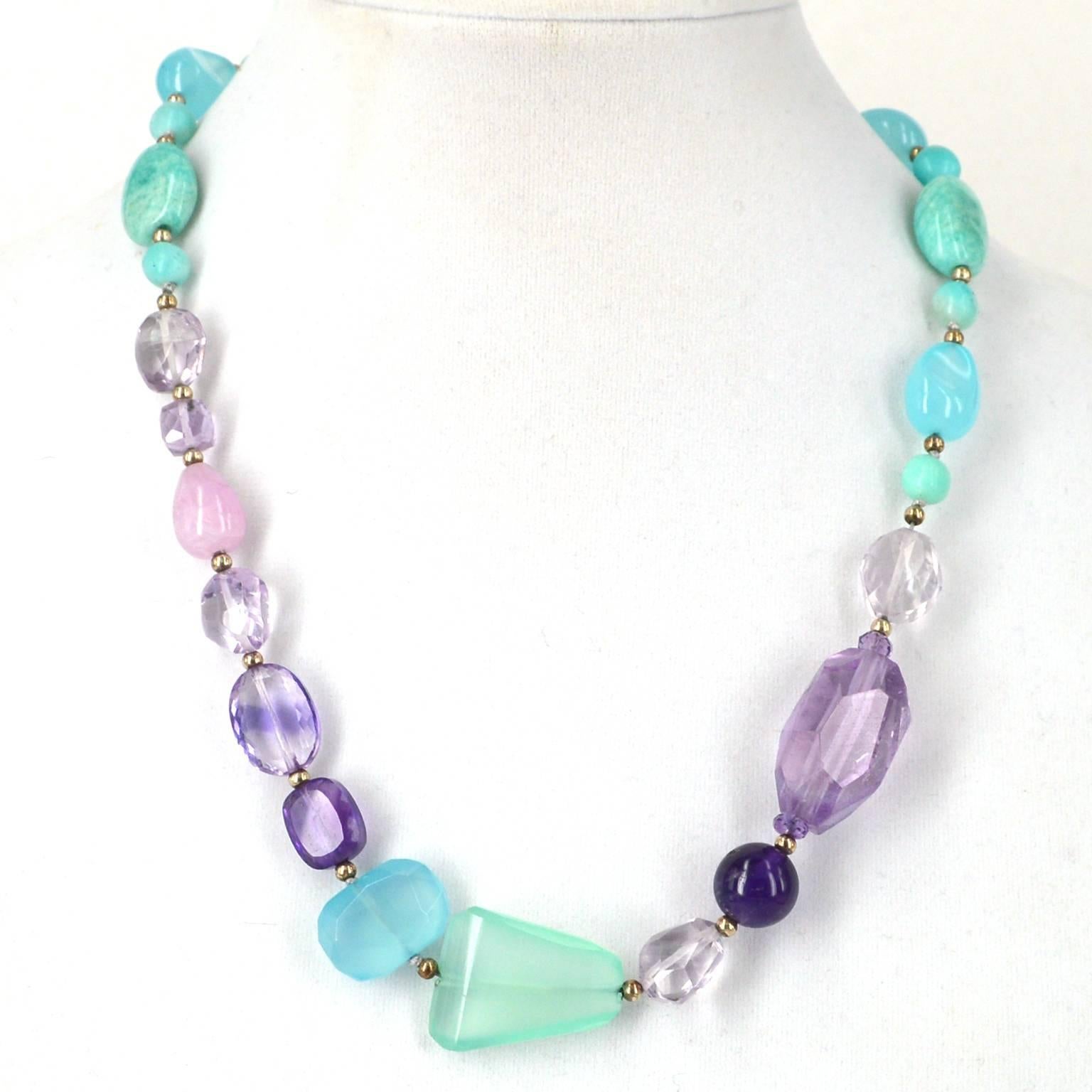 Amazonite Amethyst Kunzite Chalcedony Silver Necklace In New Condition In Sydney, AU