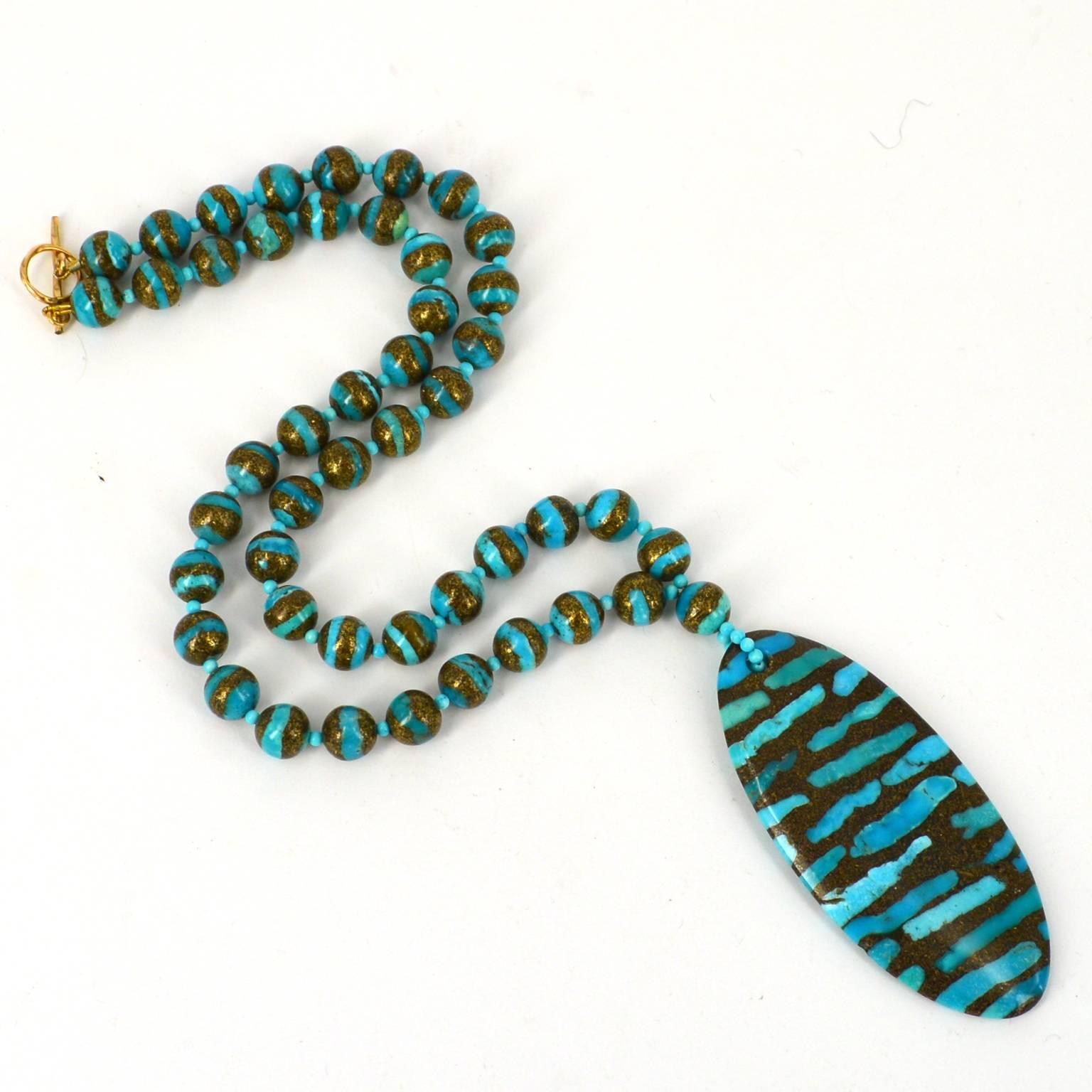 Decadent Jewels Turquoise Copper Pendant gold Necklace and Earrings Gold In New Condition In Sydney, AU