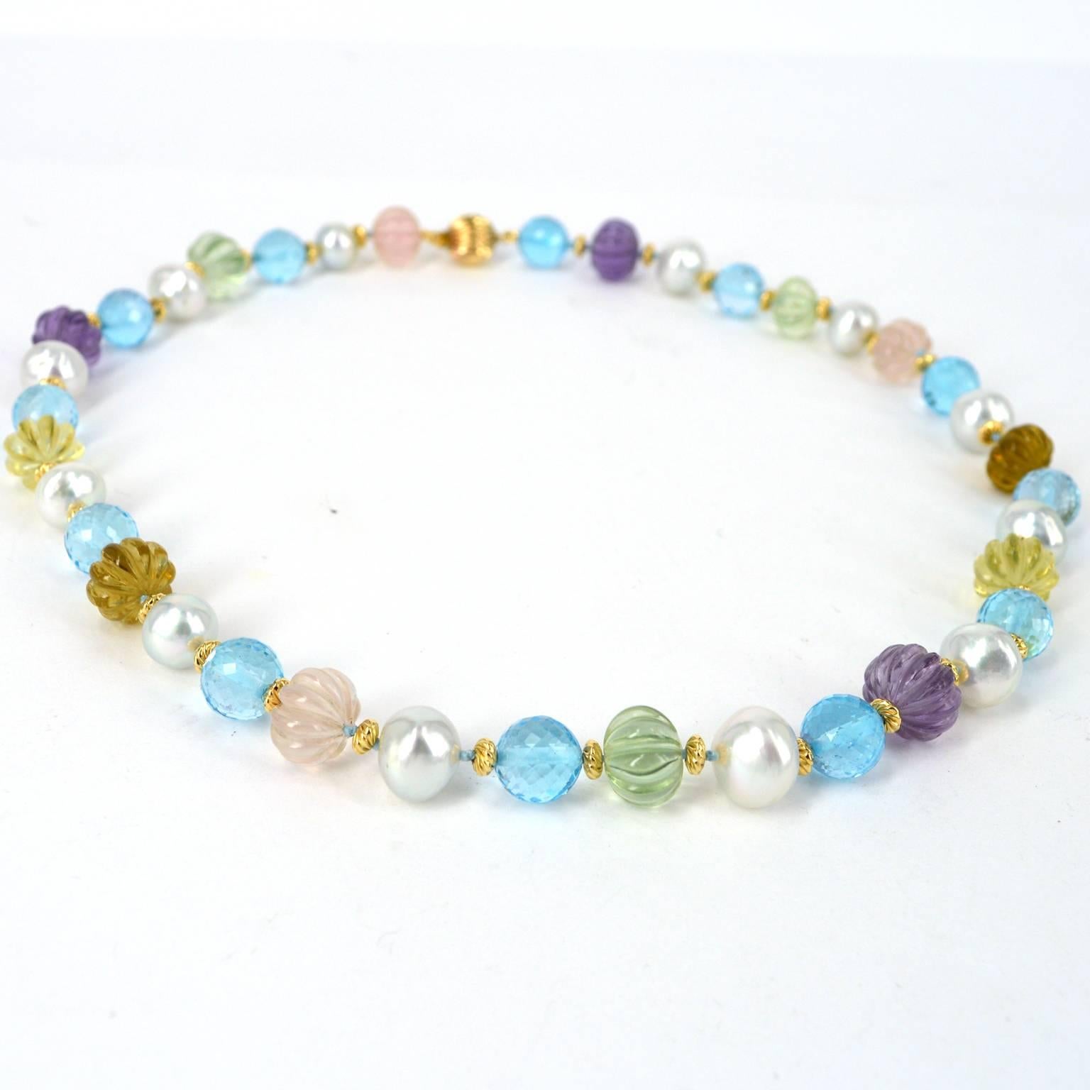 Artisan Decadent Jewels South Sea Pearl Blue Topaz Carved Amethyst Quartz Gold Necklace For Sale