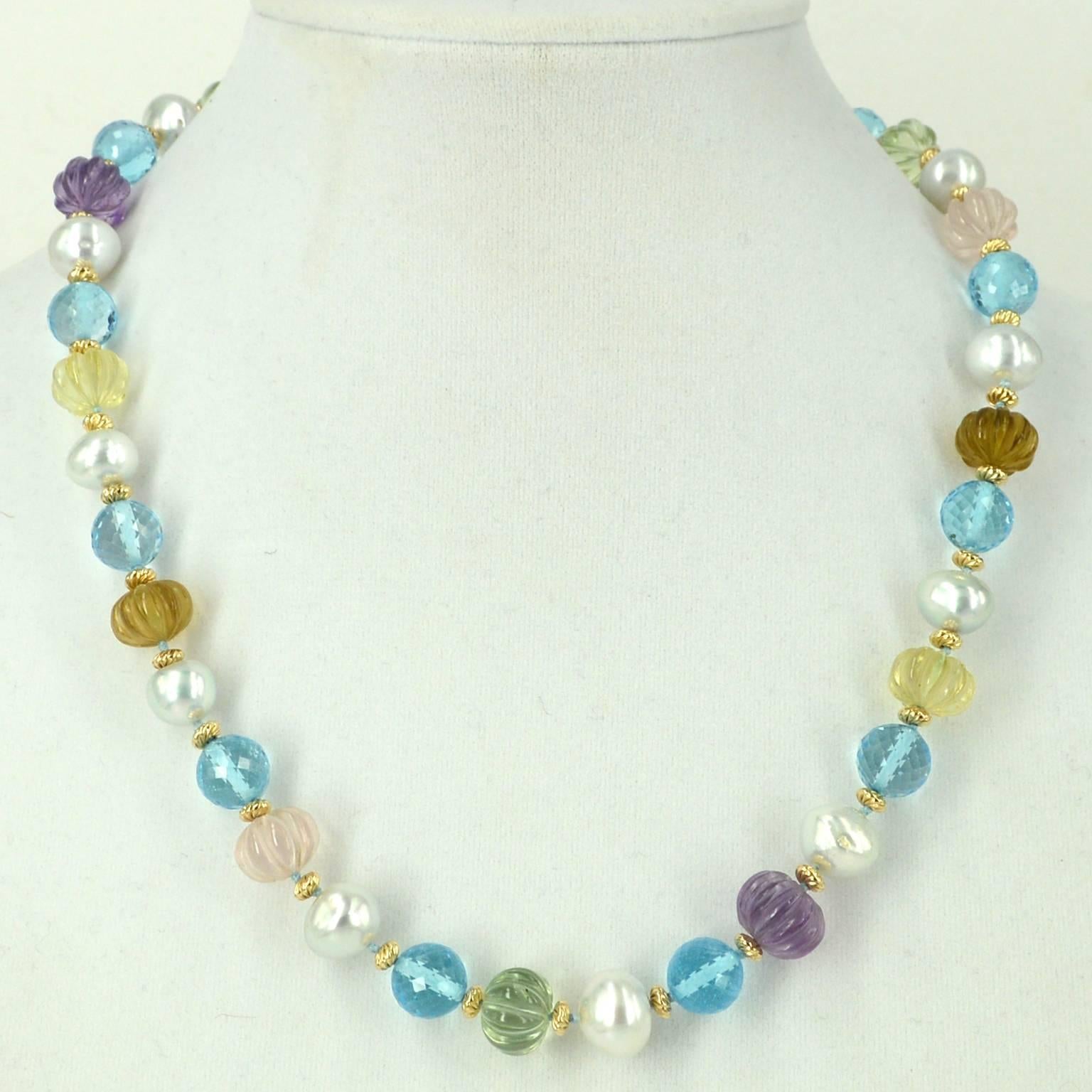 Bead Decadent Jewels South Sea Pearl Blue Topaz Carved Amethyst Quartz Gold Necklace For Sale