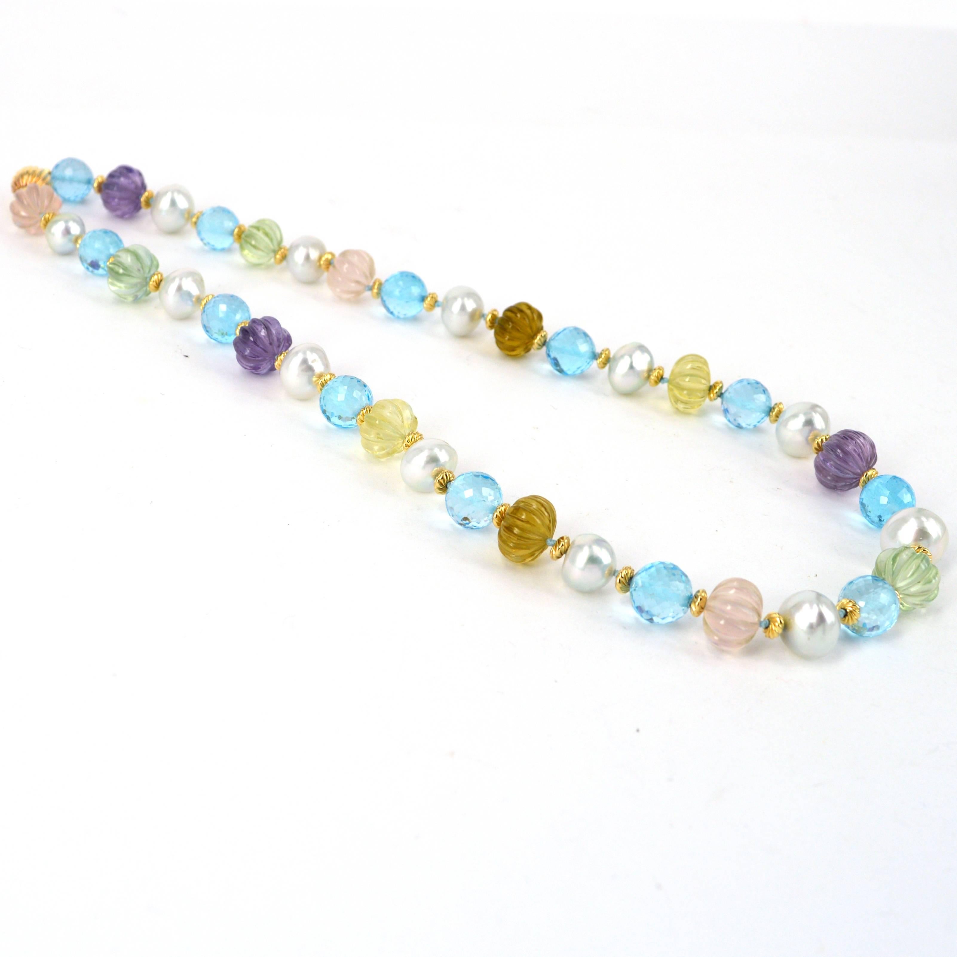 Decadent Jewels South Sea Pearl Blue Topaz Carved Amethyst Quartz Gold Necklace In New Condition For Sale In Sydney, AU