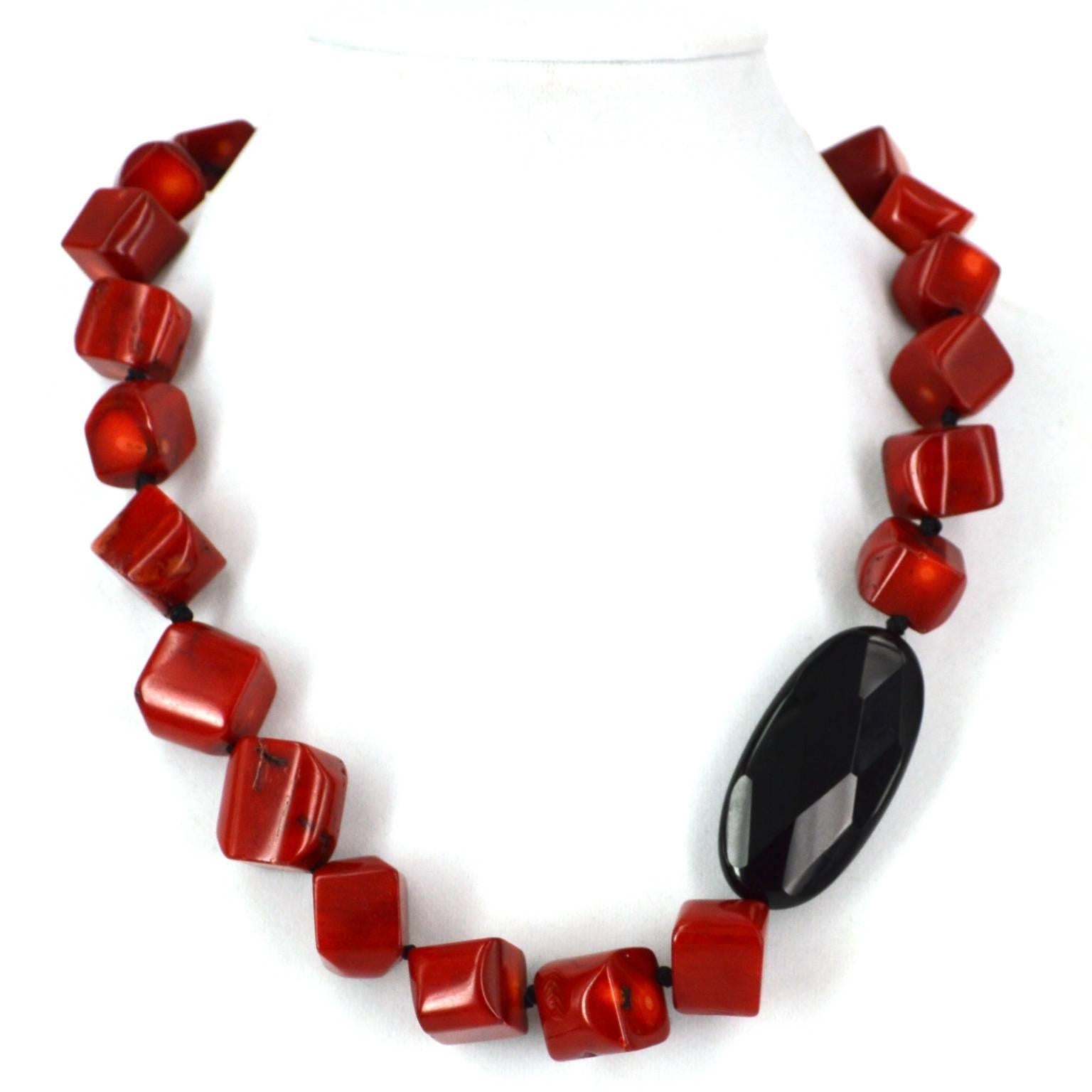 Modern Sea Bamboo Coral Onyx Silver Necklace