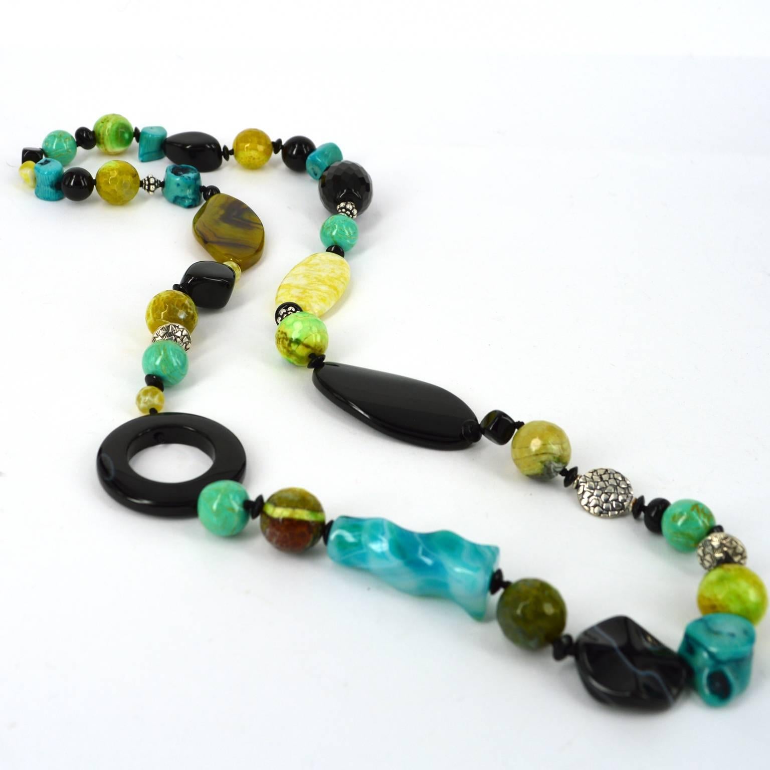 Modern Jade Agate Coral Onyx Silver Necklace