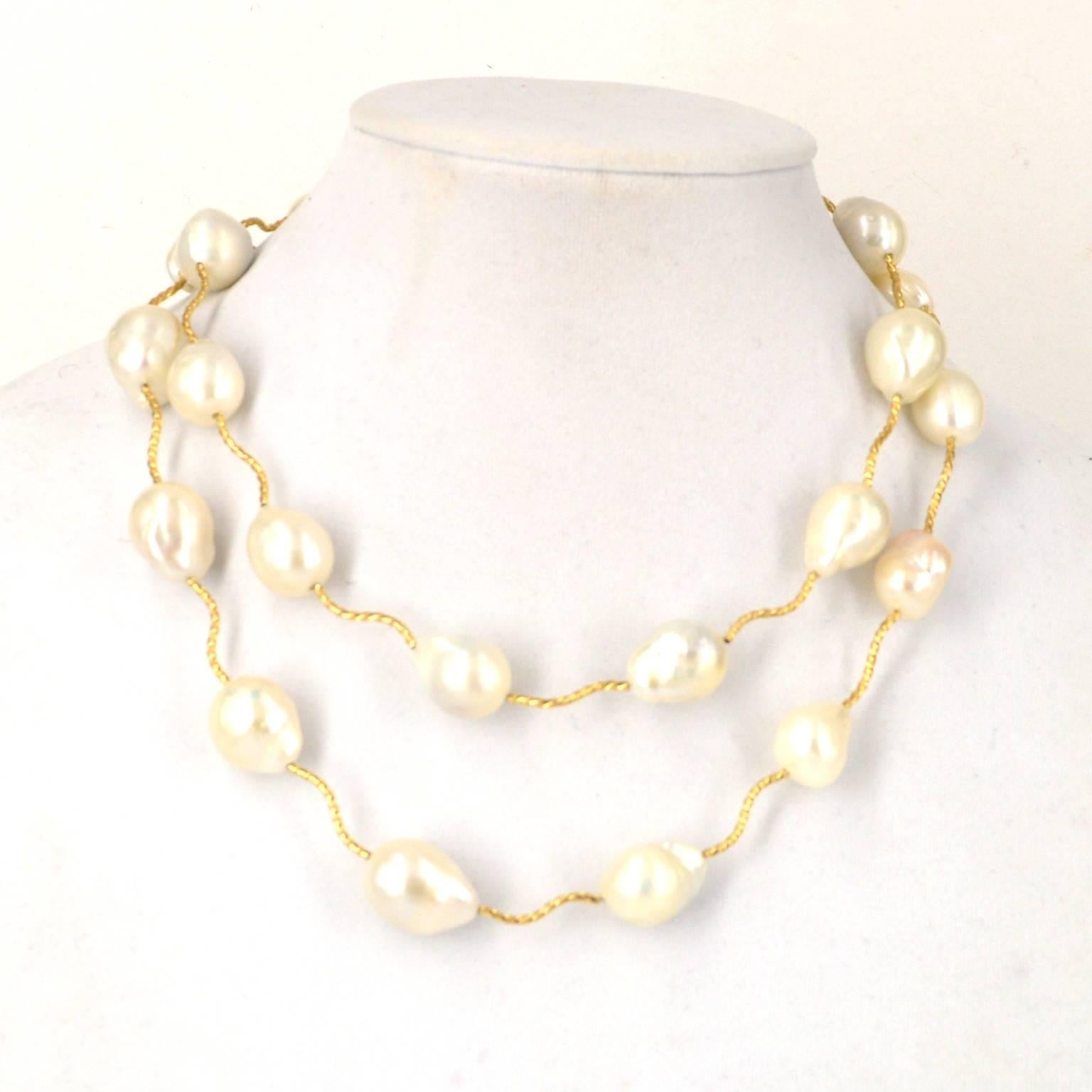 Modern Decadent Jewels Baroque Fresh Water Pearl Gold Tube Necklace