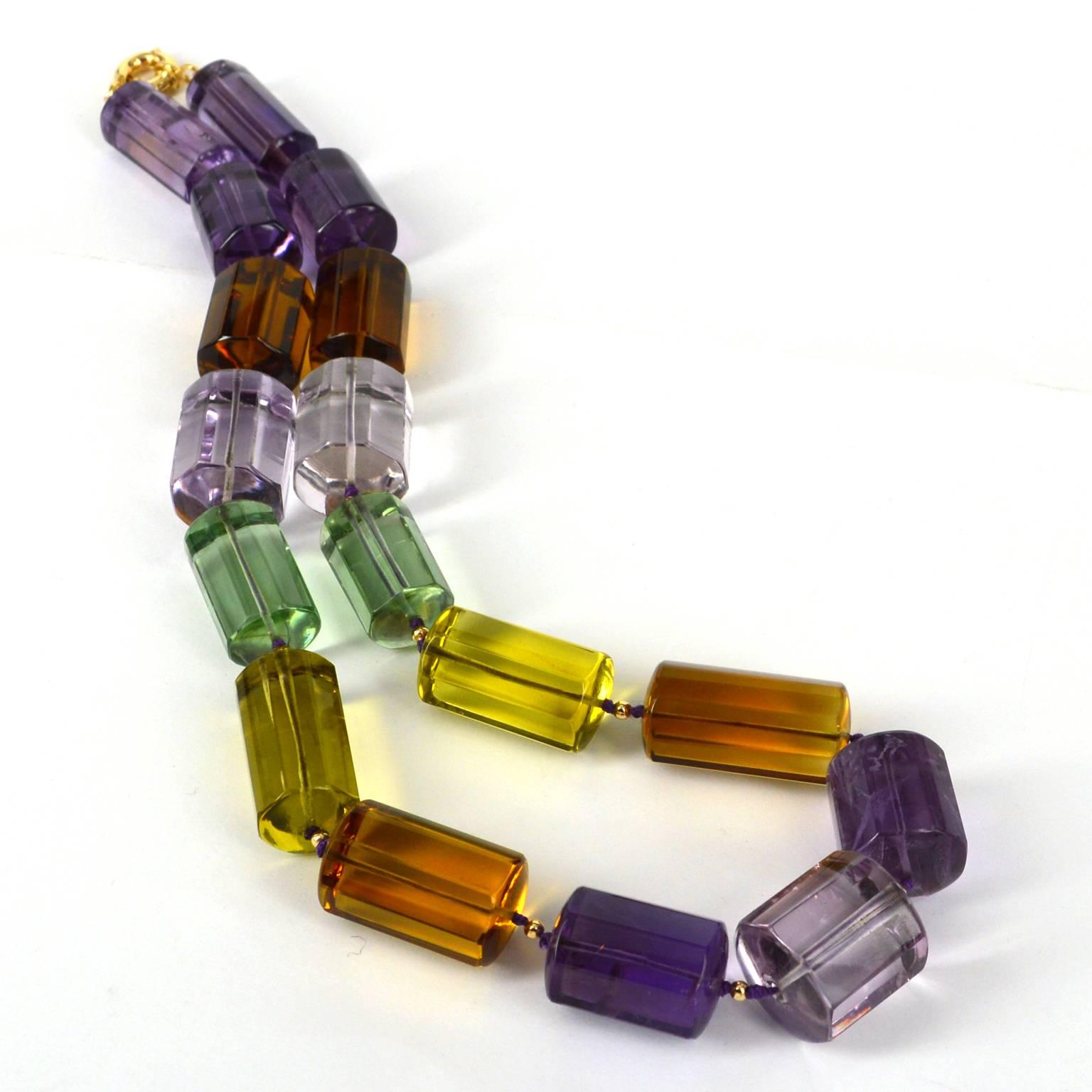 Contemporary One off Statement Amethyst, Prasiolite Lemon and Beer Quartz Gold Necklace For Sale