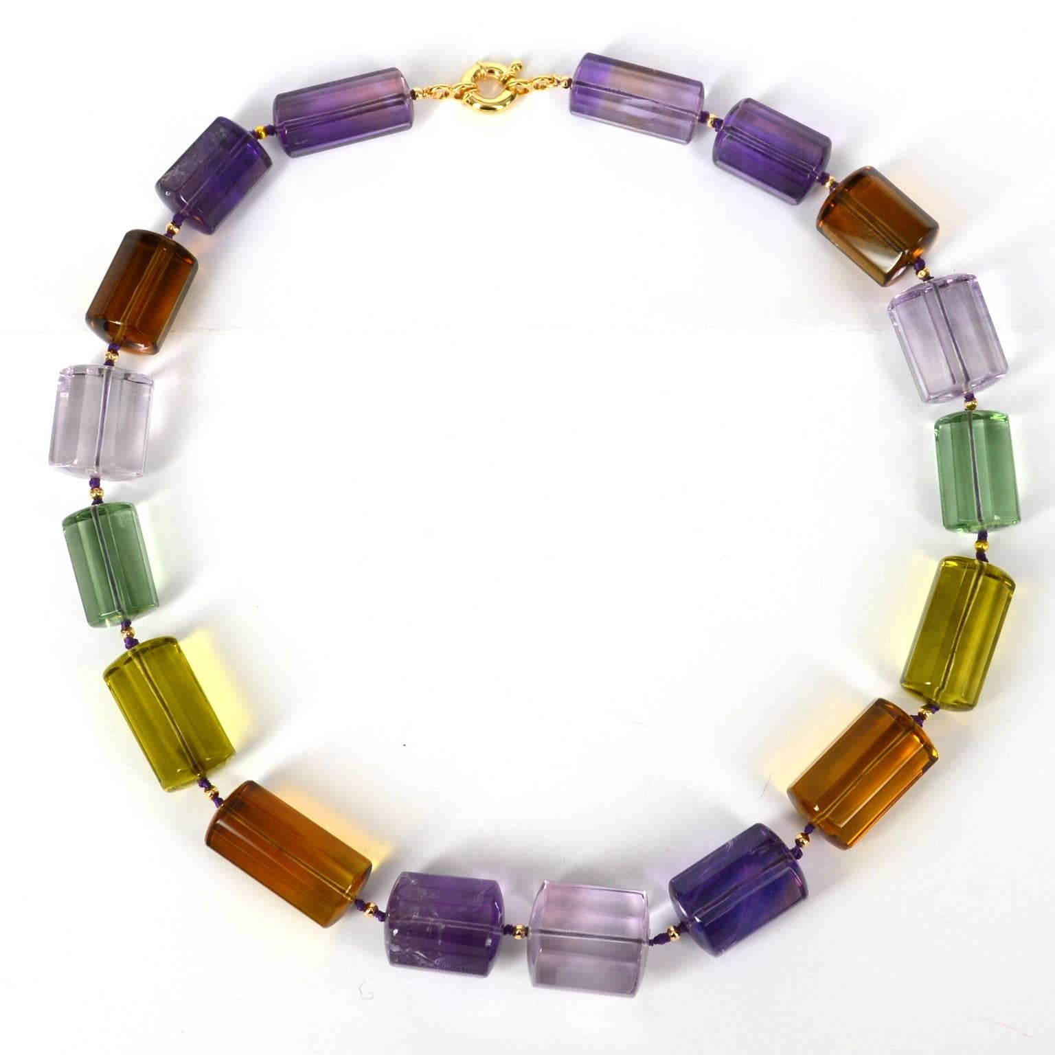 One off Statement Amethyst, Prasiolite Lemon and Beer Quartz Gold Necklace In New Condition For Sale In Sydney, AU
