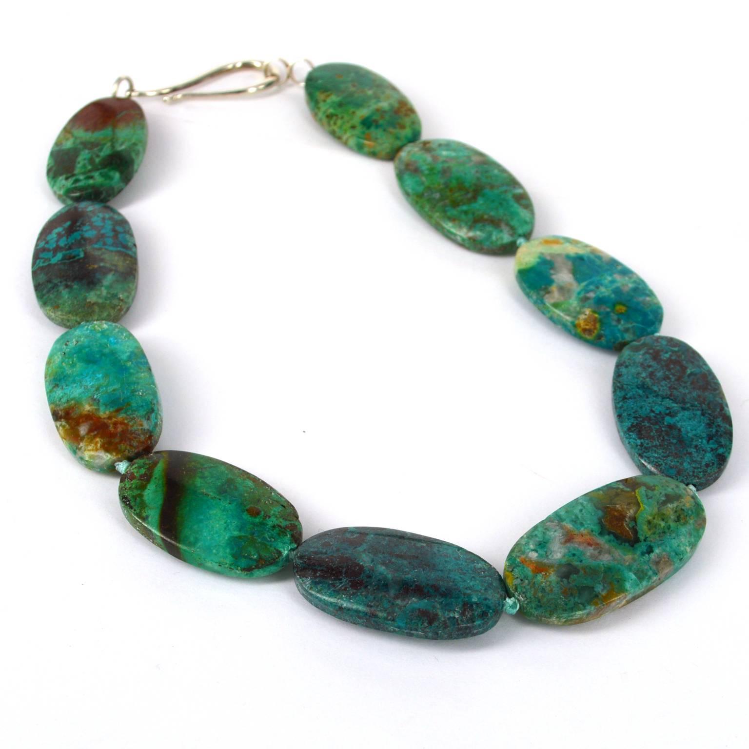 Modern Decadent Jewels Natural Large Chrysocolla Silver Necklace For Sale