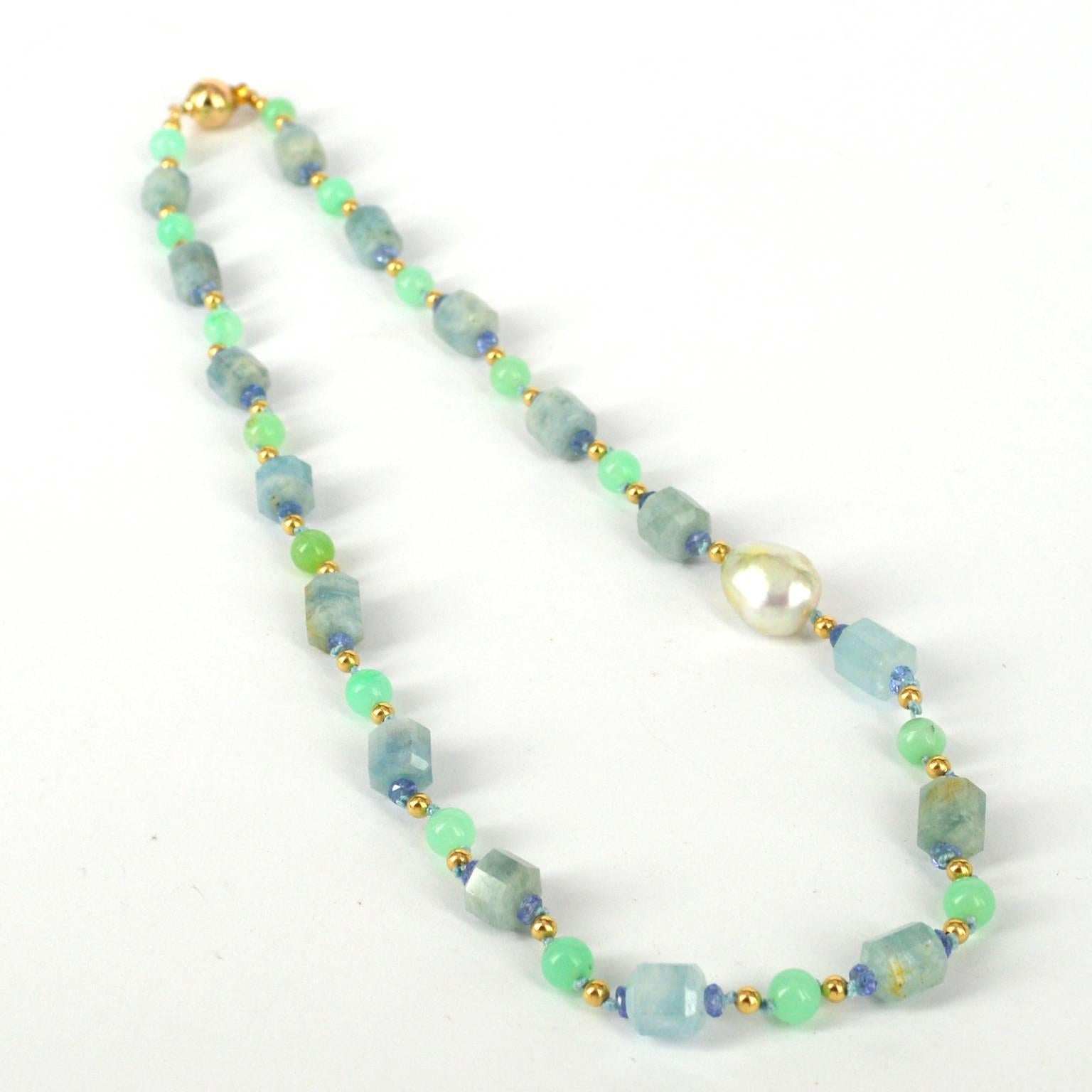 Aquamarine Australian Chrysophase Tanzanite South Sea Pearl Gold Necklace In New Condition In Sydney, AU