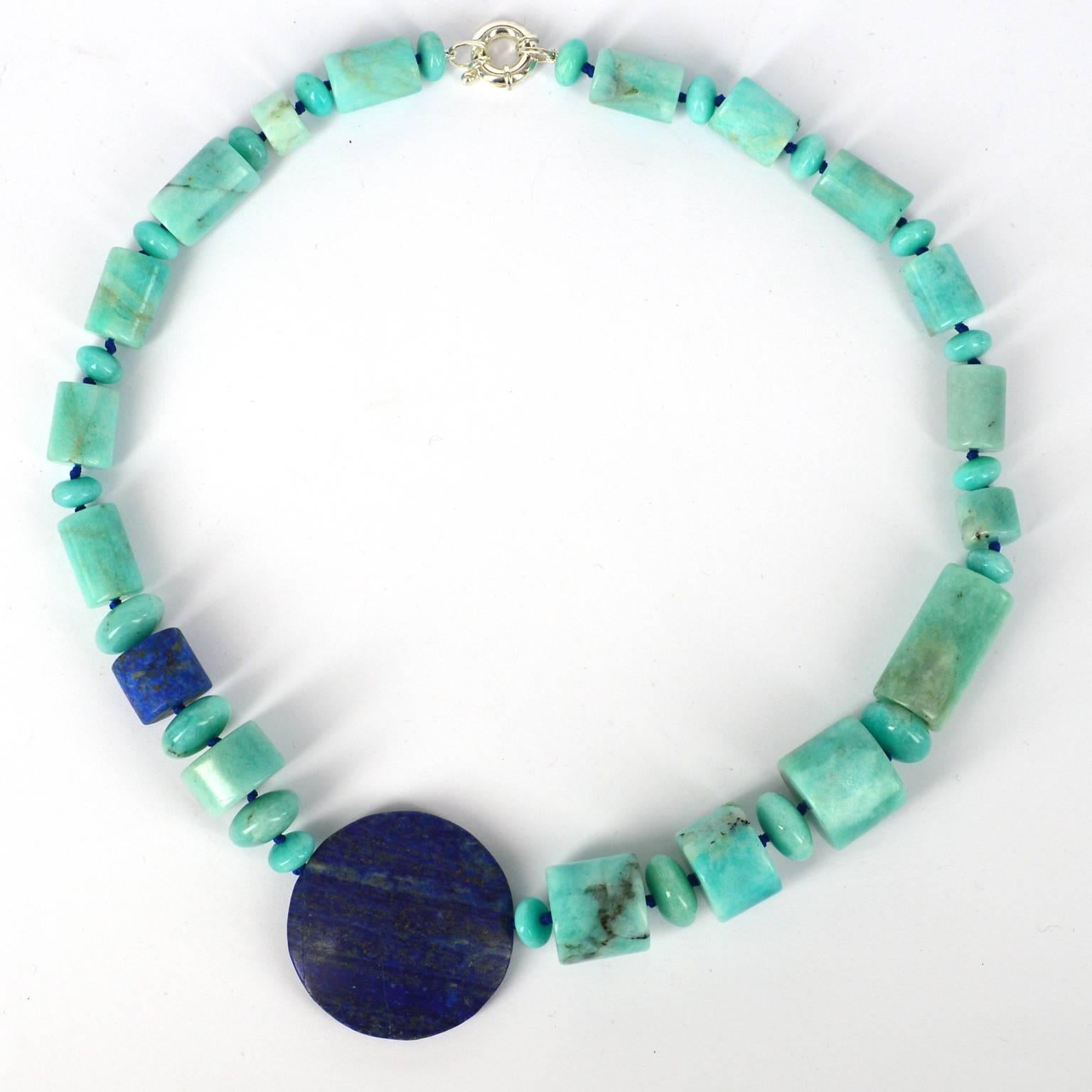 Modernist Decadent Jewels Natural Amazonite Lapis Lazuli Silver Necklace For Sale