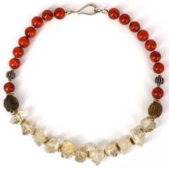 Herkimer Diamond Quartz Coral Agate Silver Necklace