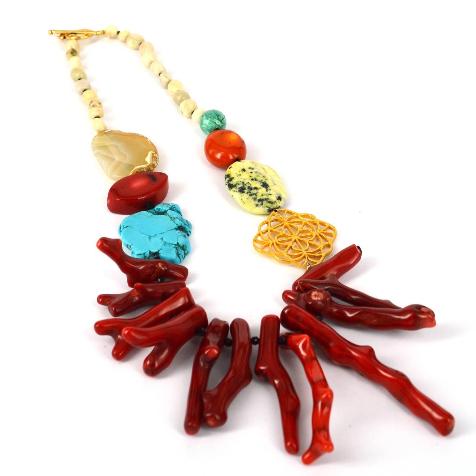 Modern Sea Bamboo Coral Agate Turquoise Ivory Jasper Serpentine Onyx Gold Necklace