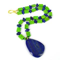 Green Mojave Turquoise Lapis Lazuli Gold Pendant Necklace