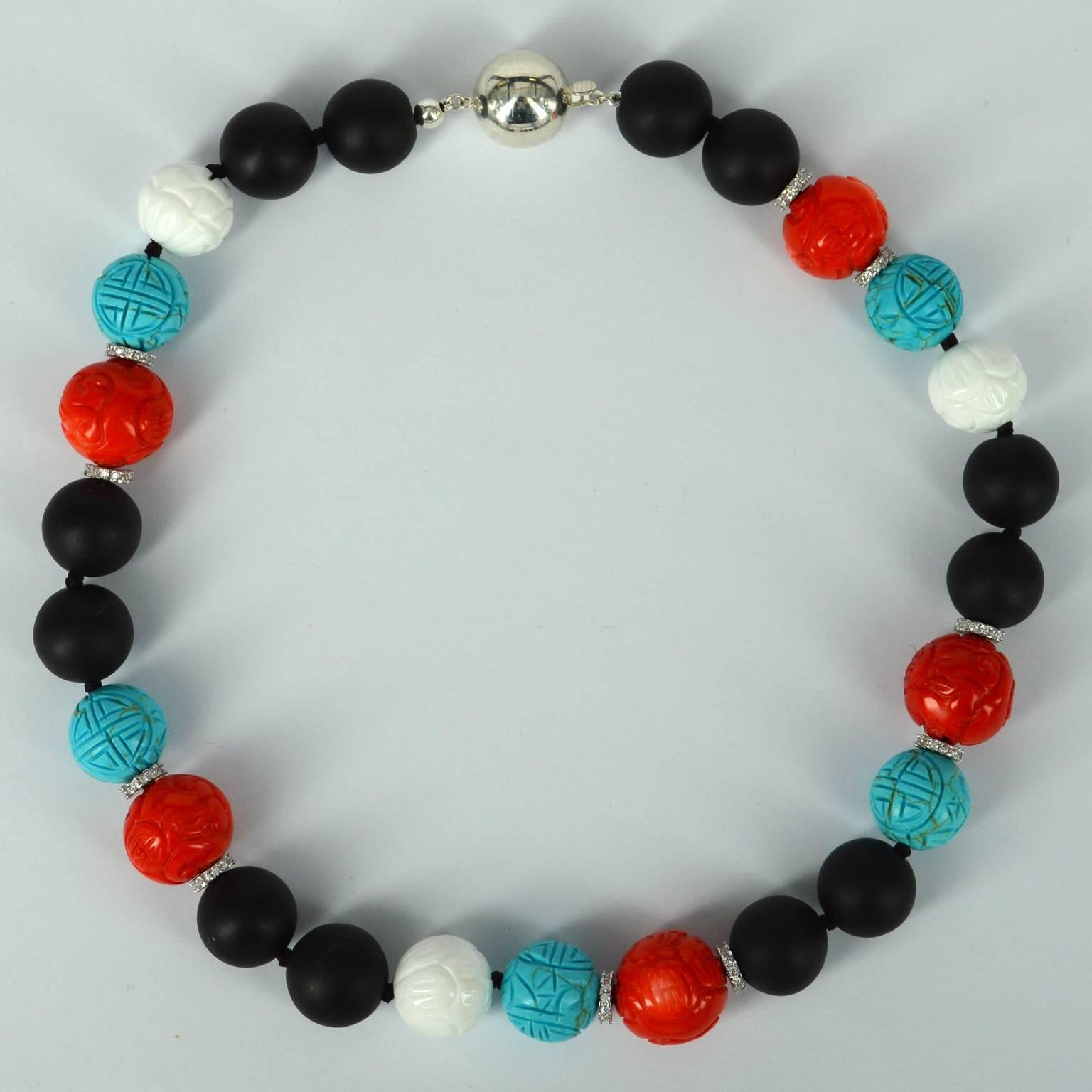 Modernist Decadent Jewels Matt Onyx Carved Coral Shell Turquoise Silver Necklace