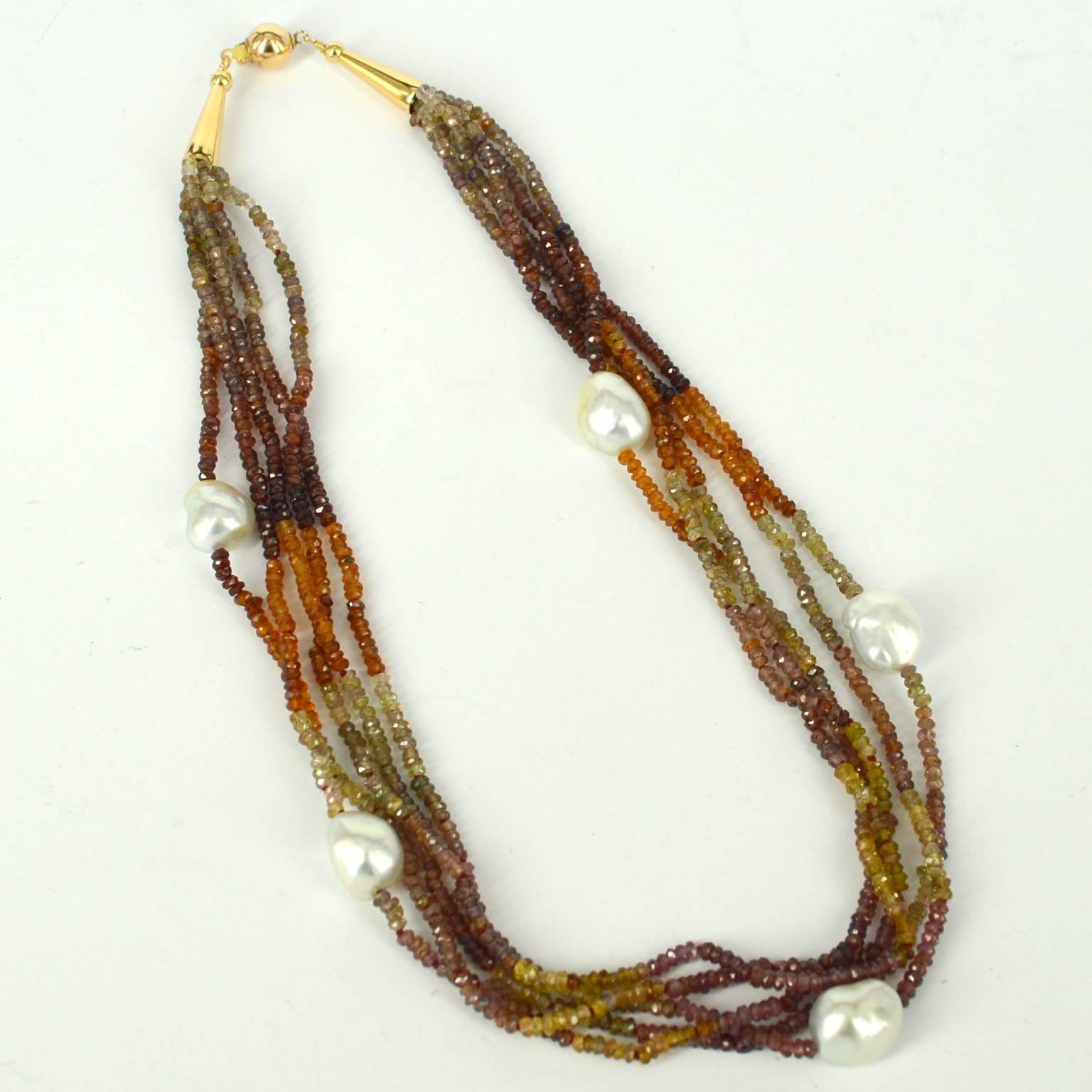 5 strand Tundra Sapphire Faceted 3x2mm graduated color with 5 light golden South Sea Pearls 10x12mm Pearls finished with 14k Gold filled cones and 8mm round clasp. Hand knotted on garnet colored thread every 8 beads.
Finished necklace measures 45cm