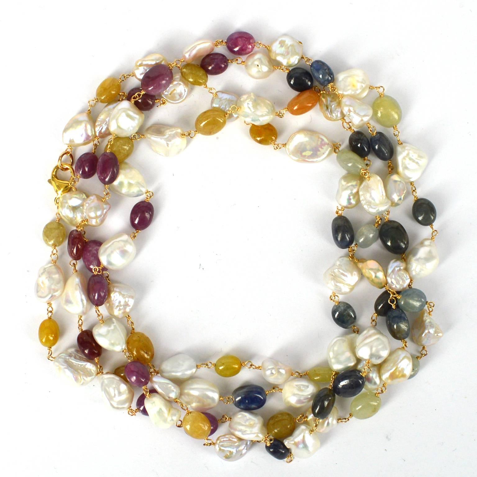 Modernist Decadent Jewels Multi-Color Sapphire and Keshi Pearl Gold Long Necklace