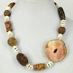 Tibetan Dzi Agate Banded Agate Howlite Gold Necklace