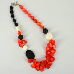 Decadent Jewels Orange Teardrop Coral Lava Onyx Silver Necklace