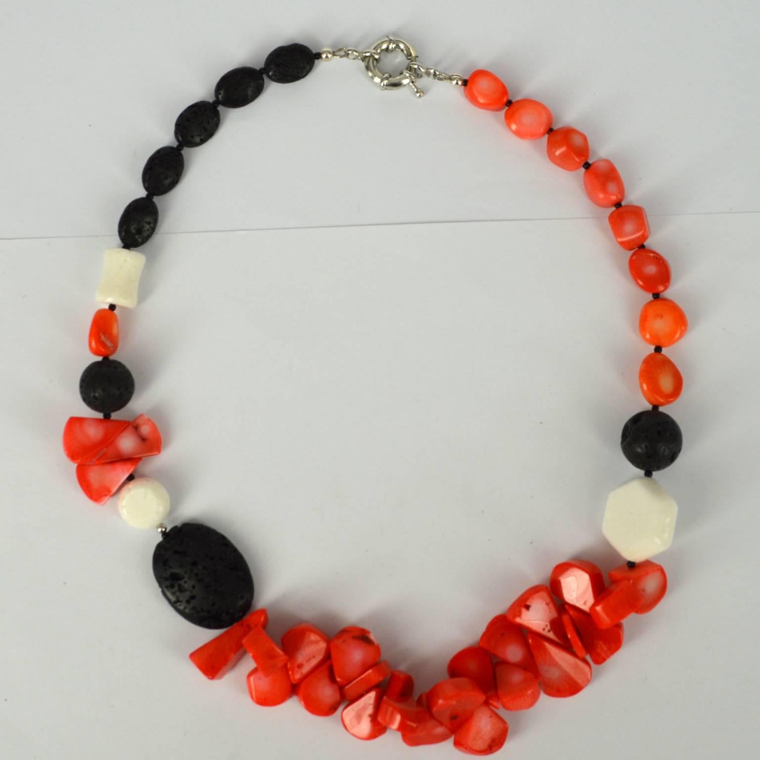 Modern Decadent Jewels Orange Teardrop Coral Lava Onyx Silver Necklace