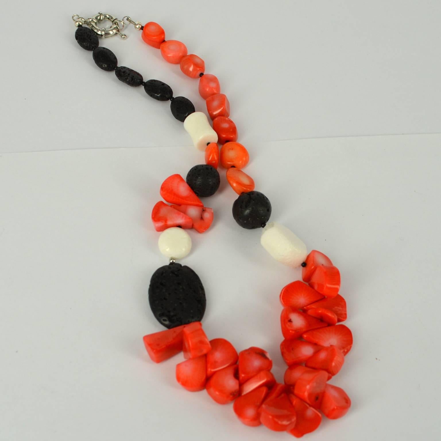 Decadent Jewels Orange Teardrop Coral Lava Onyx Silver Necklace In New Condition In Sydney, AU